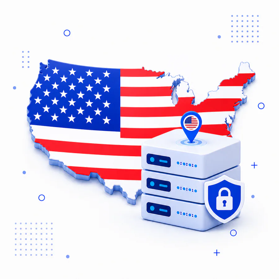 United States map with secure VPN servers and a privacy shield